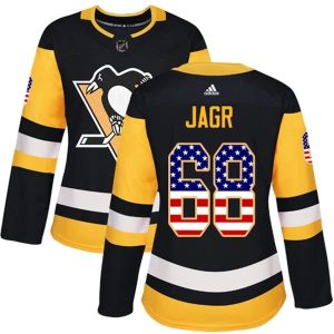 Damen Pittsburgh Penguins Trikot Jaromir Jagr 68 Schwarz USA Flag Fashion Authentic